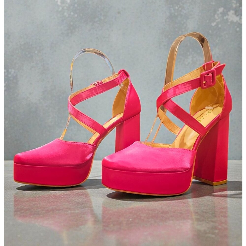 Bright Fuchsia Satin Platform High Heel Ankle Strap Pumps